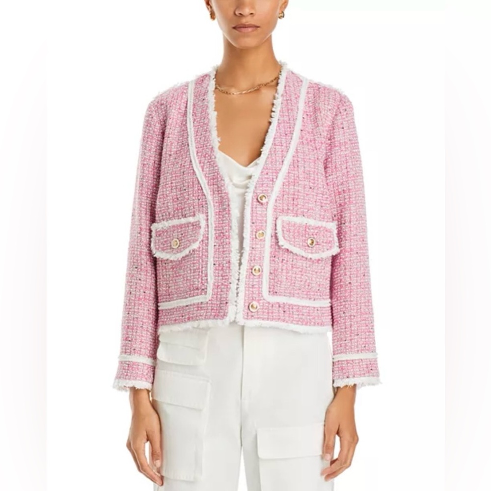 AQUA Women Tweed Blazer Jacket Pink Small Button Fringe Trim Metallic Business - Picture 6 of 16